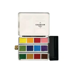 CHARVIN extrafeine Aquarellfarbe, 12 x 1/2 Näpf., Metallkasten mit Wassertank