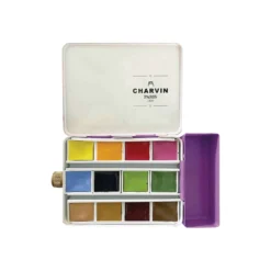 CHARVIN extrafeine Aquarellfarbe, 12 x 1/2 Näpf., Metallkasten mit Wassertank