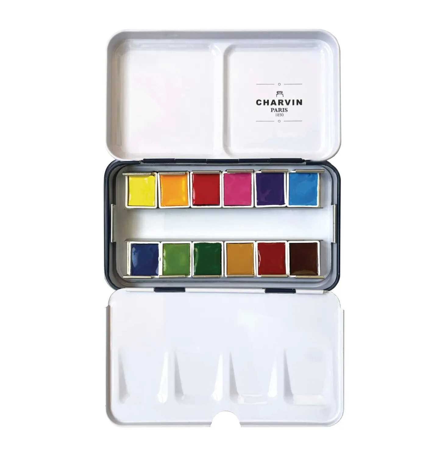 CHARVIN extrafeine Aquarellfarbe, 12 x 1/2 Näpf., Metallkasten