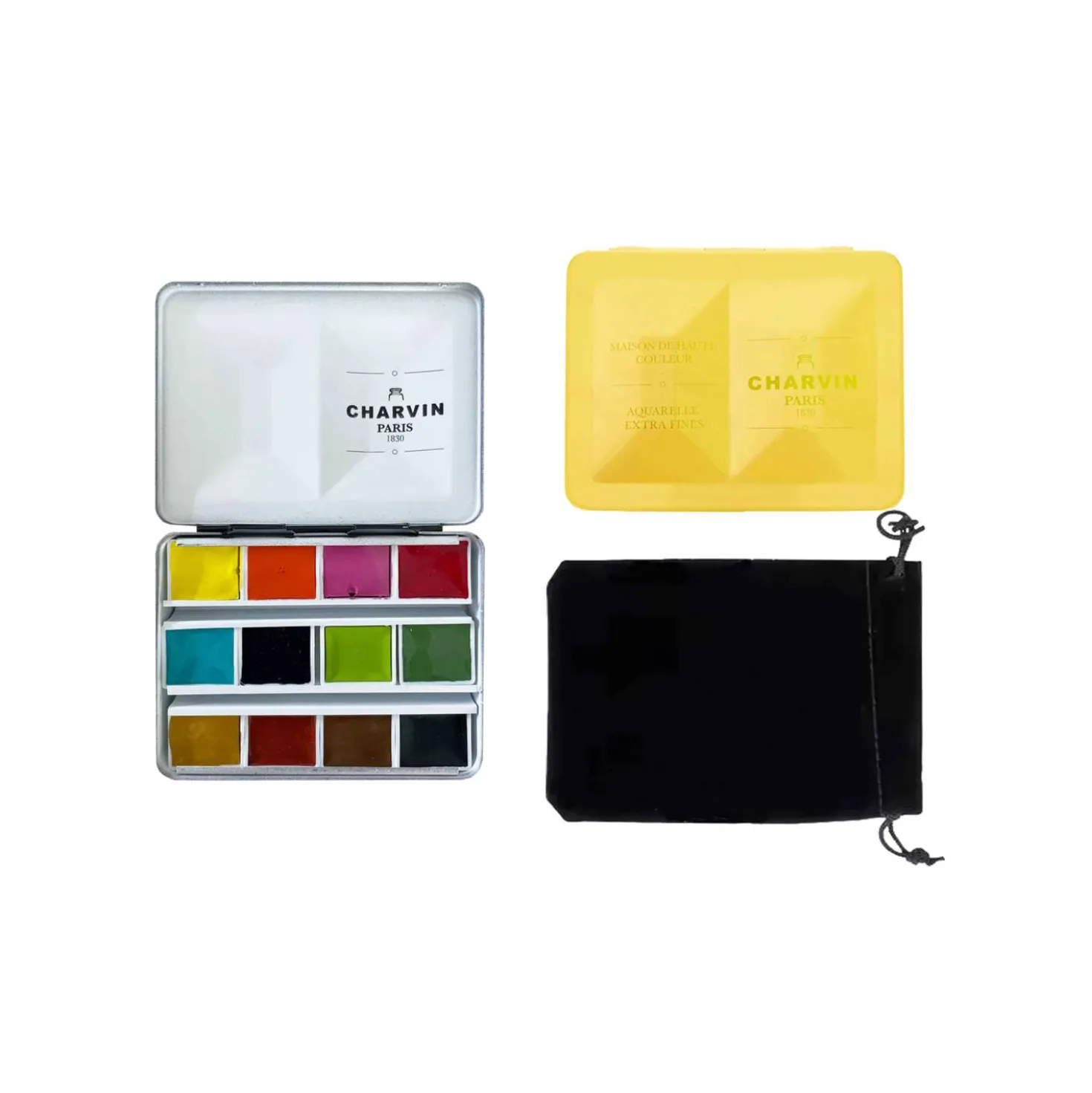 CHARVIN extrafeine Aquarellfarbe, 12 x 1/2 Näpf., Metallkasten