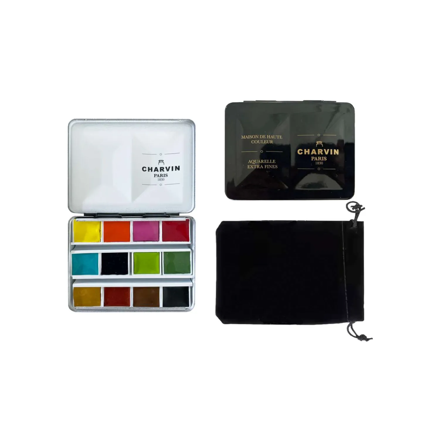 CHARVIN extrafeine Aquarellfarbe, 12 x 1/2 Näpf., Metallkasten