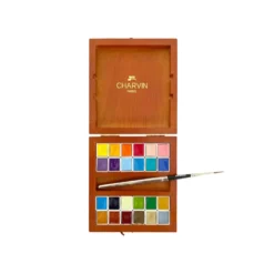 CHARVIN extrafeine Aquarellfarbe, 24 halbe Näpfchen, Holzkasten
