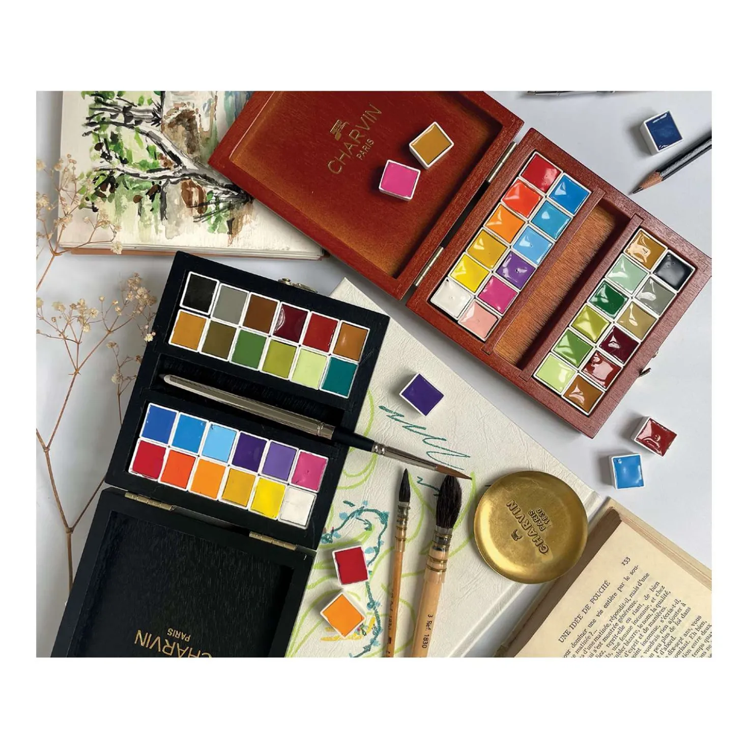 CHARVIN extrafeine Aquarellfarbe, 24 halbe Näpfchen, Holzkasten