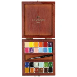 CHARVIN extrafeine Aquarellfarbe, 24 halbe Näpfchen, Holzkasten