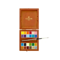 CHARVIN extrafeine Aquarellfarbe, 24 halbe Näpfchen, Holzkasten