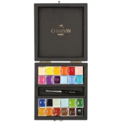 CHARVIN extrafeine Aquarellfarbe, 24 halbe Näpfchen, Holzkasten