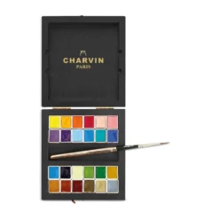 CHARVIN extrafeine Aquarellfarbe, 24 halbe Näpfchen, Holzkasten