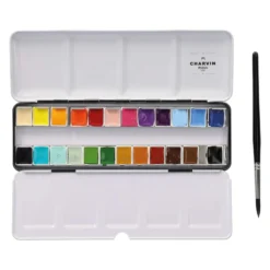 CHARVIN extrafeine Aquarellfarbe, 24 x 1/2 Näpf. und 1 Pinsel, Metallkasten