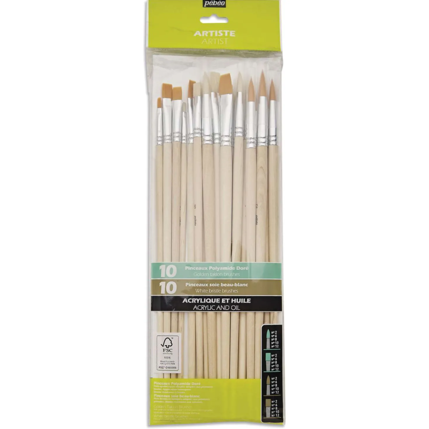 pébéo 20er-Set Acryl- und Öl-Pinsel, Synthetikfaser und Schweineborsten, langer Stiel
