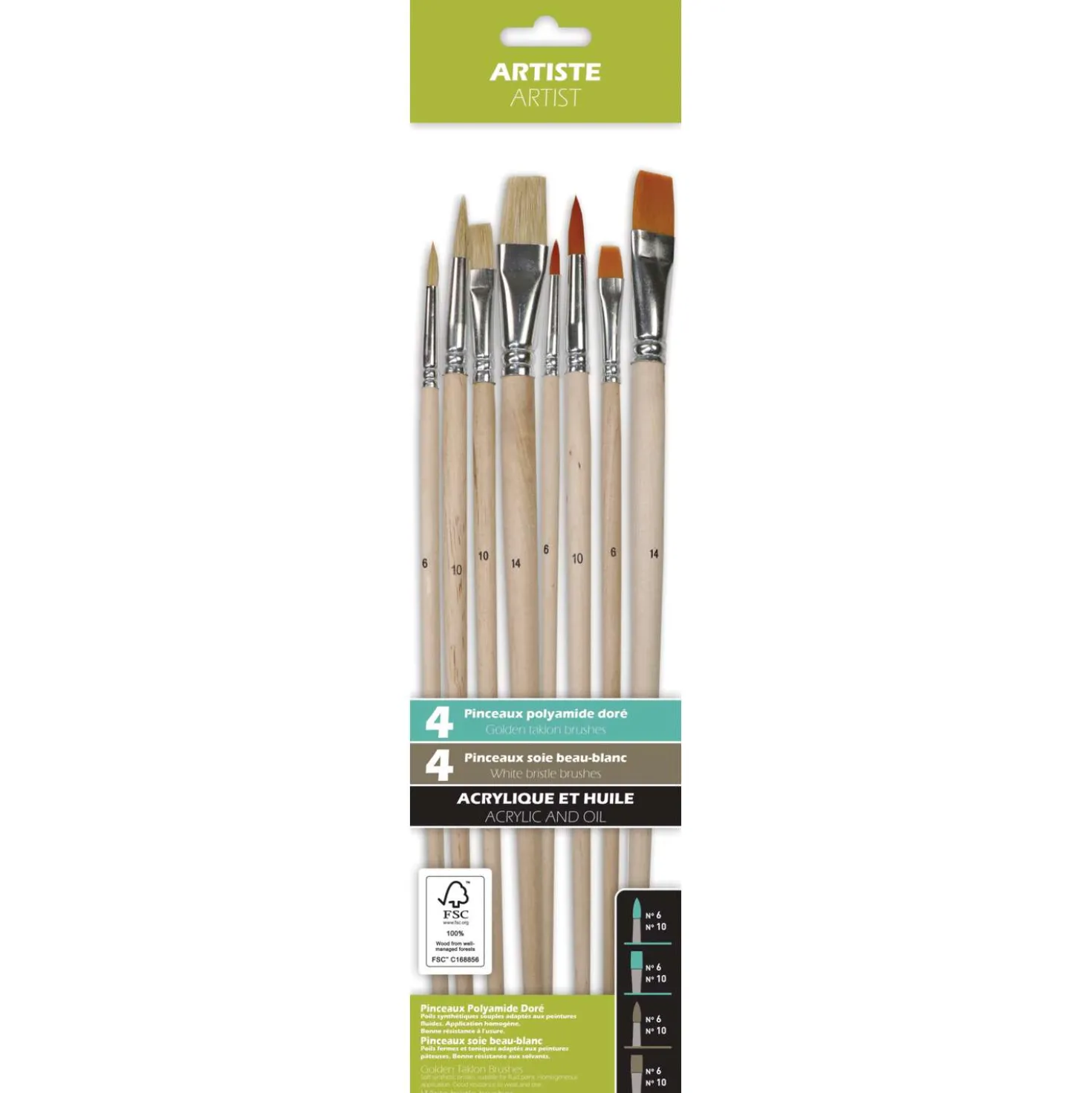 pébéo 8er-Set Acryl- und Öl-Pinsel, Synthetikfaser und Schweineborsten, langer Stiel