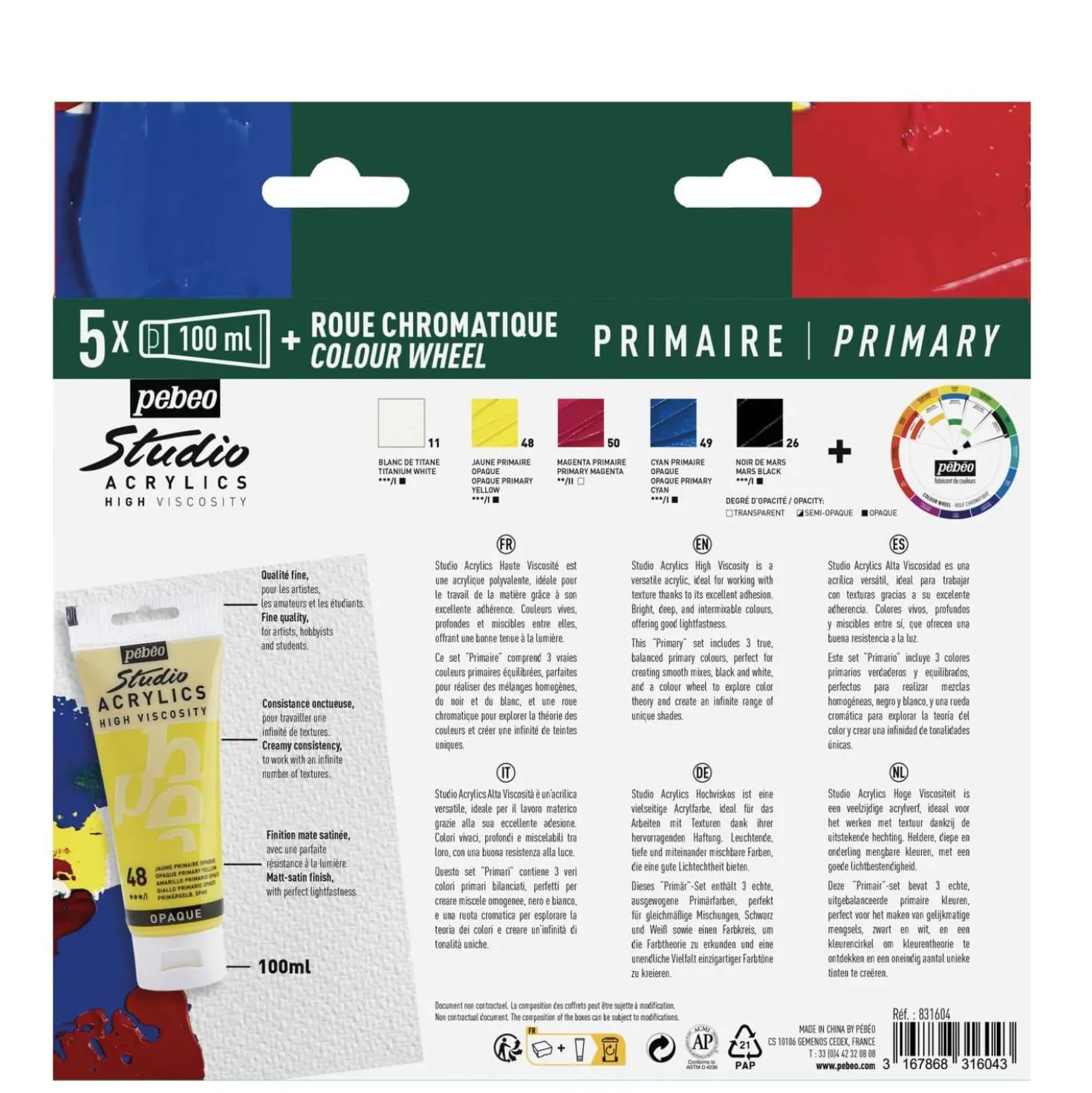 Pébéo Studio Acrylics Primary Set, 5 × 100 ml Acrylfarben, inkl. Farbkreis