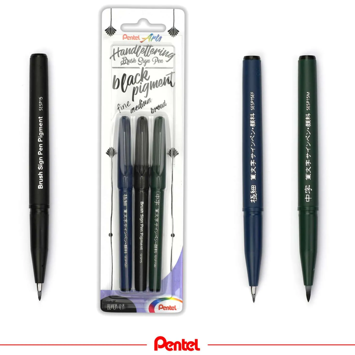 Pentel® Brush Sign Pen Black Pigment, 3er-Set