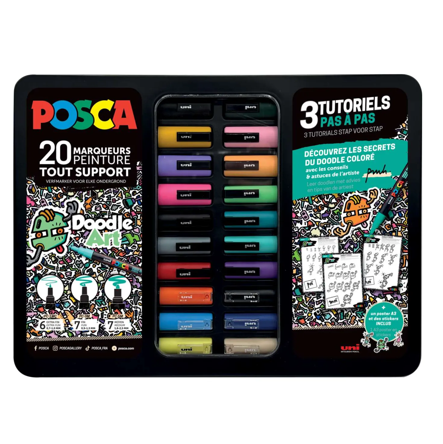 uni POSCA Marker DOODLE ART 20er Set, inkl. Metallbox